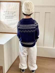Genkimix Kids 2 件套年轻男孩休闲套装，宽松针织毛衣 + 宽松裤，秋冬 - 藏蓝色 - 查看 2