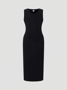 年轻女孩休闲百搭舒适圆领无袖针织长裙 - 黑色 - 查看 1