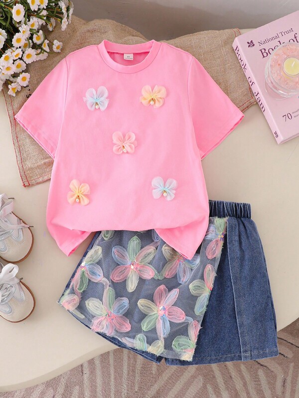 Sparklyn Set de 2 piezas de blusa de manga corta con malla y flores de colores + falda de mezclilla con malla y flores para niña preadolescente, primavera/verano