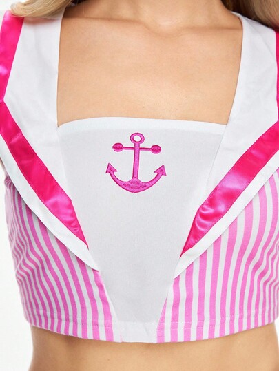 ROMWE Avant Tenue de cosplay d'infirmière sexy pour femmes, Top court style marine avec ruban et rayures, ensemble 2 pièces, costume de jeu de rôle