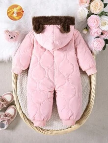 SHEIN Baby Girl Hooded Jumpsuit, Thick Jumpsuit With Bear Ear Hood Design And Bear Graphic, Zipper Closure, Suitable For 0-3 Years Old, Diamond Quilted, Soft Touch, Suitable For Outdoor Activities, Family Gatherings, Autumn/Winter Fall - Pink - View 2