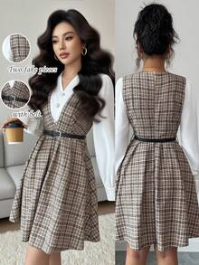 Rafferiza 返校季日常休闲百搭复古格纹柔软拉绒材质V领撞色白领袖二合一卡其色短款配腰带女士秋季外出连衣裙秋季女装返校连衣裙 - 彩色 - 查看 1