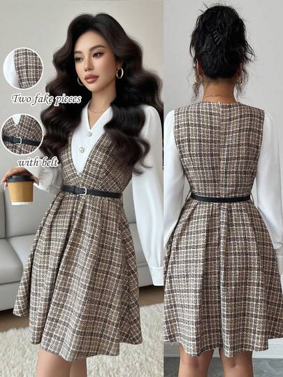 Rafferiza Back To School Season Daily Casual Versatile Retro Plaid Soft Brushed Material V-Neck Contrast White Collar Sleeves 2 In 1 Khaki Short Style With Belt Ladies Autumn Outing Dress Autumn Women's Back To School Dress