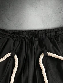 Manfinity Hypemode 男士休闲日常通勤简约纯色宽松阔腿运动裤，带流苏抽绳腰带，男士冬季服装，送给男友的完美礼物，街头潮流单品，校园及万圣节黑色日系运动裤 - 黑色 - 查看 5