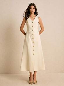 Poéselle Đầm suông không tay cổ chữ V họa tiết hoa kim loại thanh lịch cho nữ - Màu be - Xem 3