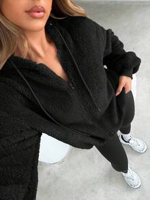 Siren Gaze Áo nỉ trùm đầu màu trơn cho nữ, Áo nỉ chui đầu dày ấm áp, Dành cho nữ, Thu/Đông, Áo dài tay - màu đen - Xem 5