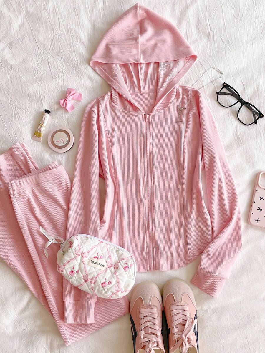 2件套青少年女孩休闲紧身连帽衫夹克和喇叭裤运动服套装 - 彩色 - 查看 1