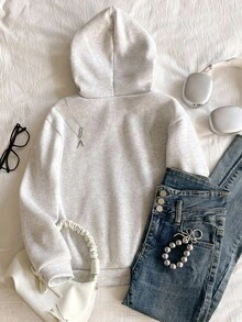 少女休闲卫衣，饰有蝴蝶结刺绣，时尚百搭，带口袋，适合秋冬季穿着 - 淺灰色 - 查看 6