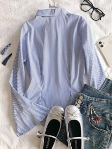 少女时尚修身条纹喇叭袖衬衫，适合秋冬穿着，休闲，街头，外出，可搭配牛仔裤，运动裤，夹克 - 藍色 - 查看 2