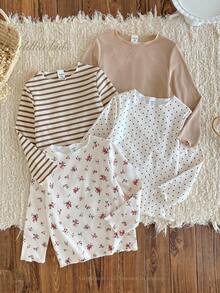 4件套女童波点、花卉、罗纹印花杏色底衫搭配卡其色纯色罗纹针织领口荷叶边下摆长袖内衣套装，可爱时尚，秋冬季可内搭或外穿。