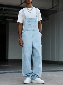 Manfinity EMRG 男式休闲做旧多口袋胸带牛仔背带工装裤 - 淺色水洗藍 - 查看 3