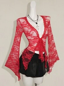 SHEIN ICON Y2k 女款西部乡村音乐会波西米亚嬉皮哥特风透明酒红色性感蕾丝扭纹前长袖开衫 - 紅色 - 查看 5