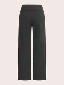 SHEIN EZwear 2 件套黑色和深灰色女士休闲高腰折叠阔腿直筒裤，适合夏季 - 彩色 - 查看 4