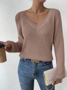 EMERY ROSE Áo len dệt kim dáng rộng cổ chữ V tay raglan màu trơn dành cho nữ, mùa thu - Bụi hồng - Xem 4