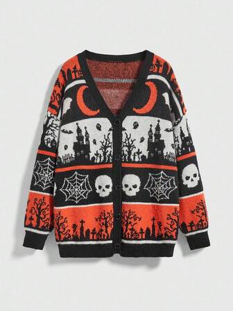 Goth Cárdigan de esqueleto de cementerio de terror gótico para Halloween