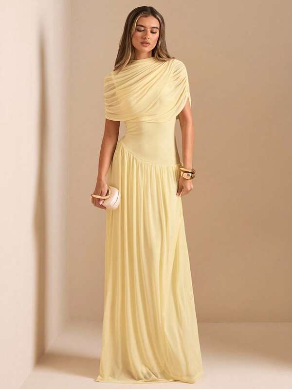 SHEIN BAE Autumn/Winter Solid Color Cream Yellow Tight Fitted Maxi Mermaid Mesh Dress, Sexy Elegant Dress, Elegant Romantic Dress, Date Dress, Birthday Dress, Nightclub Party, Halloween, Christmas, Date Party, Yellow Dress