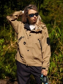 WanderVale Women's Hooded Jacket With Sleeve Patch, Elastic Cuff, Zipper Closure, Front Zipper, Adjustable Hem, Suitable For Spring And Autumn - Khaki - View 6