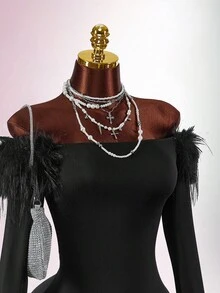 Y2K Amplova BLACK Christmas New Year Thanksgiving Party Women's Solid BLACK Color Faux Fur Off Shoulder Long Sleeve Fitted Fashionable Mini Dress