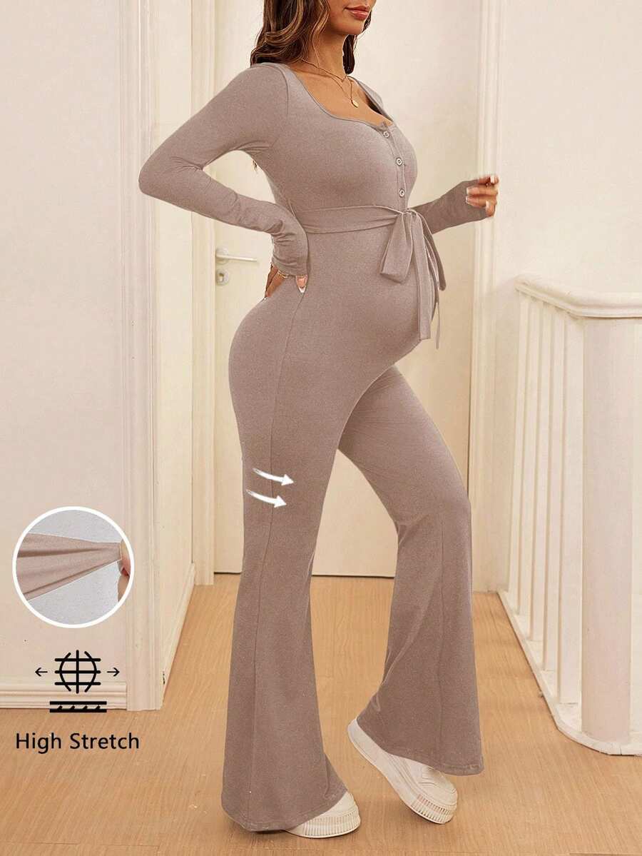 SHEIN Maternity Solid Color Simple Long-Sleeved Jumpsuit - Khaki - View 1
