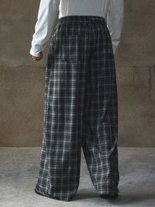 AXEPEAK 男士休闲日常格子阔腿裤，秋季 - 藏蓝色 - 查看 2