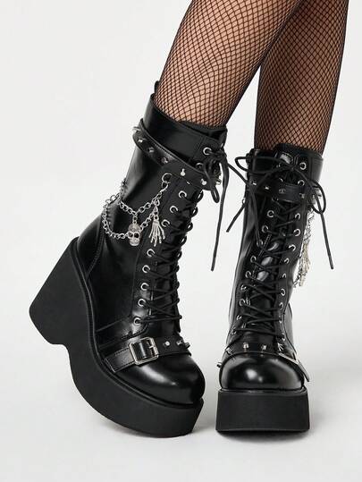 Goth Stivali da donna stile punk con lacci, tacco medio a zeppa spessa, decorazione in metallo gotico con rivetti, cerniera laterale, punta tonda, stivali con tacco alto comodi ed elastici, adatti per l'autunno/inverno