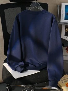 SHEIN 青少年女孩秋季服飾 蕾絲貼花蝴蝶結圖案圓領衛衣 休閒海軍藍落肩套頭上衣 - 寶藍色 - 查看 2