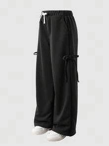 Tween Girl Oversized Bow Hip-Hop Street Loose Casual Sports Pants, Suitable For Autumn/Winter Girl Fall - Black - View 3