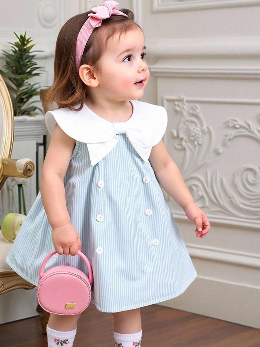 Souflis Souflis Infant/Toddler Girls Casual Elegant Sweet College Style Blue Striped Sleeveless Dress With White Bow Collar Decor, Summer - Blue - View 1