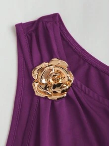 Sweetra Women's Summer Bronze Metallic Flower Decor Camisole & Pleated Layered Mini Skirt Set - Purple - View 5