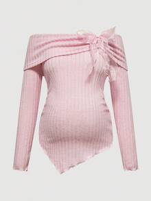 Modmama 孕妇纯色罗纹褶饰蝴蝶结长袖T恤 - 粉色 - 查看 3