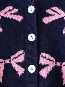 SHEIN Playful Pals 粉色蝴蝶结图案针织开衫，适合居家、外出、聚会、返校季、冬季、圣诞节、万圣节等场合，秋季保暖舒适。 - 藏蓝色 - 查看 4