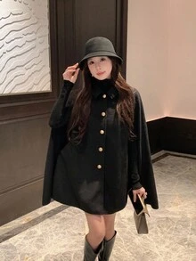 DAZY 女士纯色休闲韩版斗篷外套，前开襟纽扣夹克 - 黑色 - 查看 4