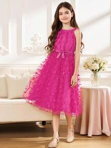 Tween Girls' Elegant Halter Neck Patchwork Mesh Dress - Hot Pink - View 3