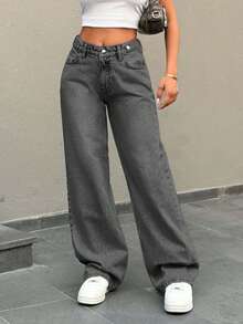 EURMUSE Low Waist Button Detailed Snow Wash Straight Cut Jean - Light Grey - View 5