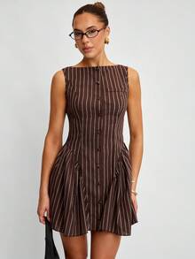 Avenya 棕色条纹纽扣设计荷叶边下摆无袖迷你连衣裙、工作服、优雅性感连衣裙、高级、时尚、女士正式连衣裙、女士冬装、外出装、新年女装、老钱、秋冬、办公室警笛、极简主义、基本款、收腰、女士办公室装、单身女郎装、适合通勤、休闲、闺蜜聚会、校园装、多种场合、休闲女装、商务休闲女装、秋季装、万圣节、圣诞节、外出装、学院风、派对、生日、Bae、Musera、MISSGUIDE - 彩色 - 查看 6