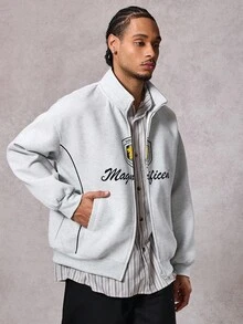 DAZY Men's Thermal Lined Short Stand Collar Graphic Letter Print Sweatshirt Sweatshirt, Autumn/Winter - Grey - View 3