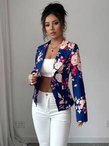 Elenzga 女士印花翻领长袖单扣西装外套，简约优雅 - 彩色 - 查看 3