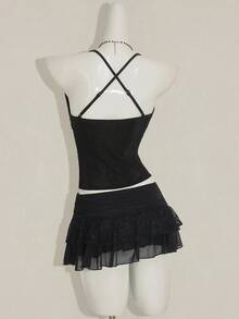 SHEIN ICON Glittery Mesh Sheer Beaded Decor 2 In 1 Women Tank Top