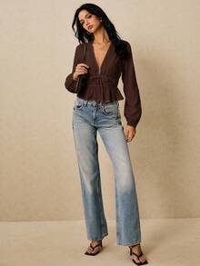 Poéselle 女士休闲通勤简约纯色 V 领灯笼袖前结短款上衣，春秋装