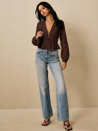 Poéselle 女士休闲通勤简约纯色 V 领灯笼袖前结短款上衣，春秋装