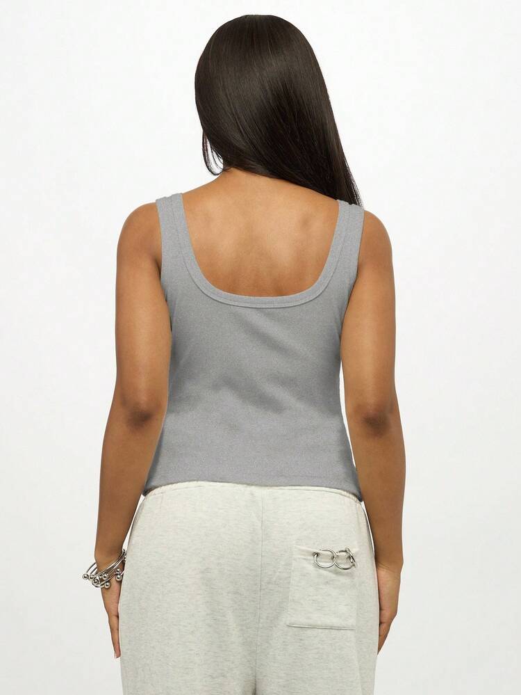 SUMWON WOMEN Ribbed Tank Top With Metallic Studs And Scoop Neck