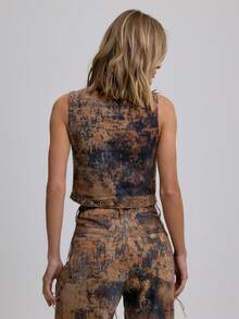 MUSERA 高领系带修身牛仔奶牛印花无袖上衣，适合夏季节日度假，可爱性感，适合春季伊比沙岛西部乡村音乐会、锐舞派对等场合，时尚百搭。 - 棕色 - 查看 4