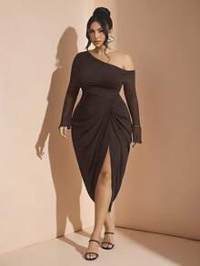 SHEIN BAE 大码女式褶饰网眼长袖半透明连衣裙 - 咖啡棕 - 查看 7