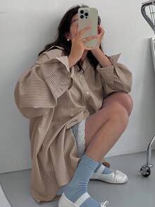 DAZY Women's Lapel Loose Striped Button-Down Shirt, Versatile, Blue, Spring/Summer/Fall Long Sleeve Top - Coffee Brown - View 5