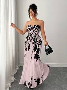 Elenzga Vestido de verano elegante con estampado floral y drapeado para tallas grandes - Rosa coral - Ver 5