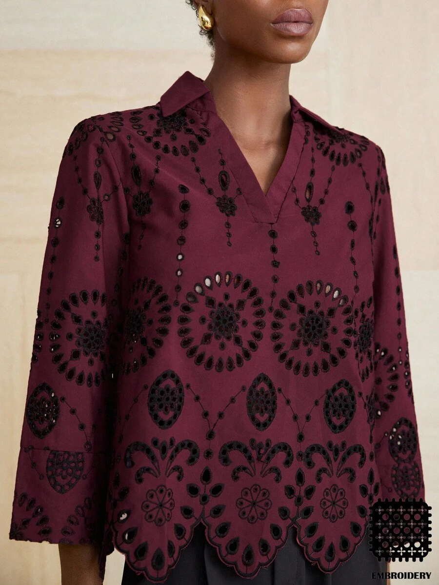 Aveloria Modichic French Elegant Elaborately Embroidery V-Neck Asymmetric Hem Long Sleeve Blouse For Women - Red - View 1