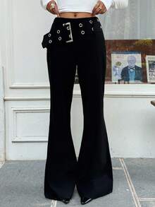 Muchica Women's New Low-Waist Elastic Flare Pants With Eyelets, Y2K Outfits,Streetwear