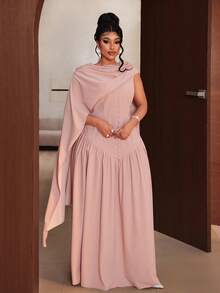 Maweii Plus Size Women Solid Color Pleated Button Design Elegant Dress - Khaki - View 1