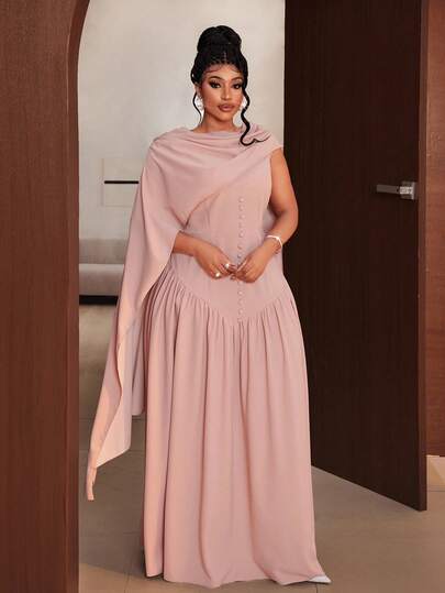 Maweii 大码女式纯色褶皱纽扣设计优雅连衣裙