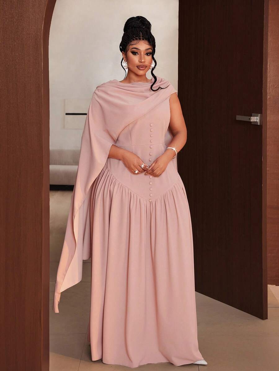 Maweii Plus Size Women Solid Color Pleated Button Design Elegant Dress - Khaki - View 1